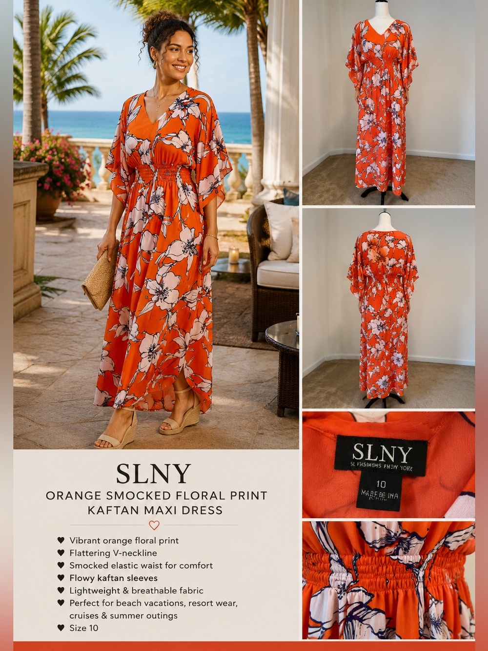 SLNY Orange Smocked Floral Print Kaftan Maxi Dress